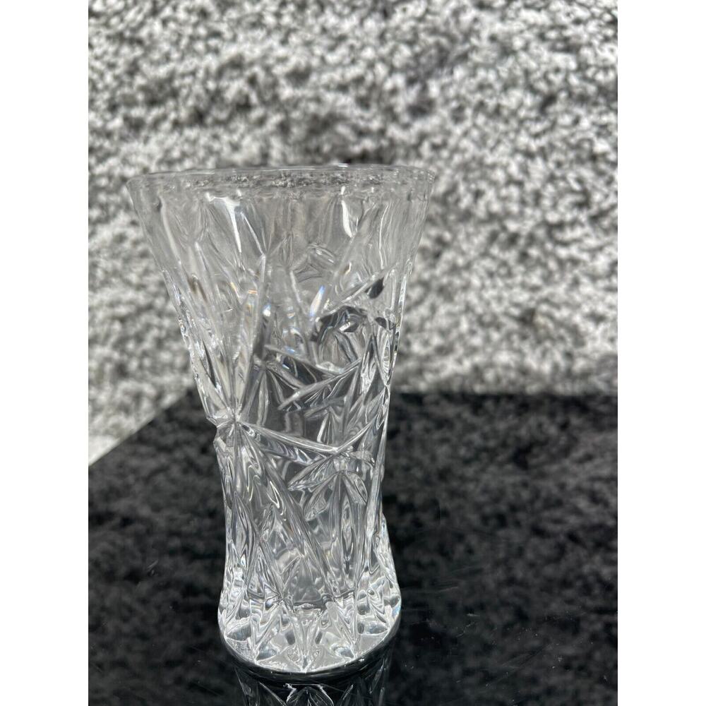 Crystal Clear Press Cut Glass Flared Cylinder Flower Vase Star Design 4"X1.75"